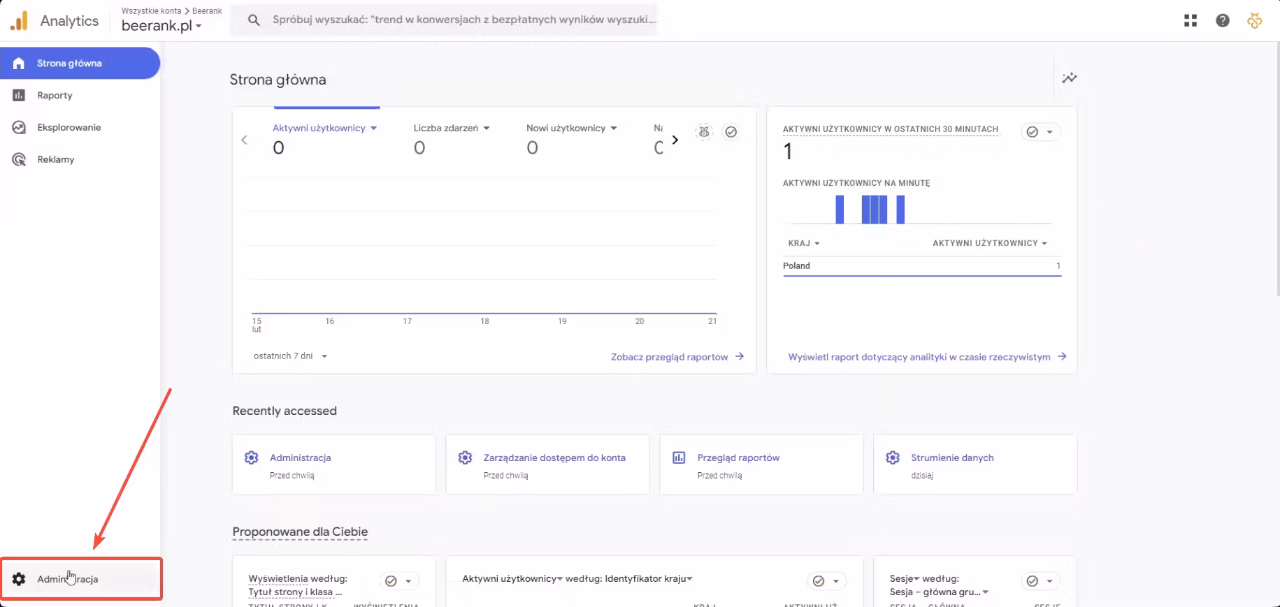 Google Analytics - przejście do ustawień 2