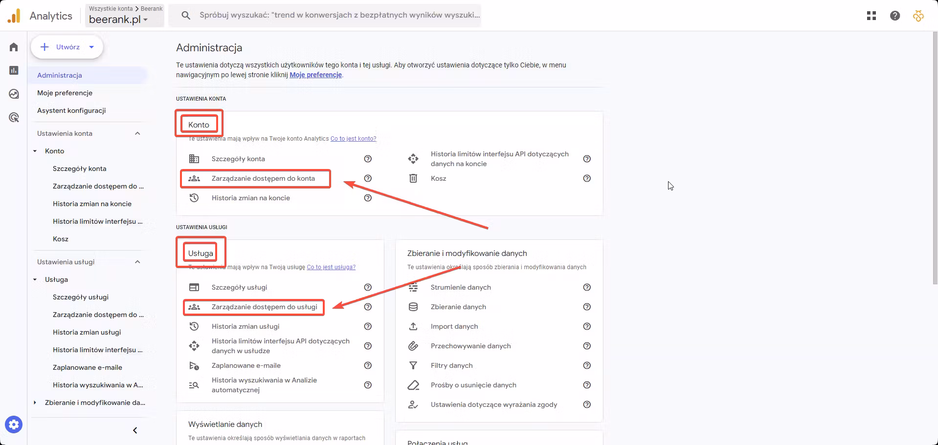 Google Analytics - Wybór konto lub usługa