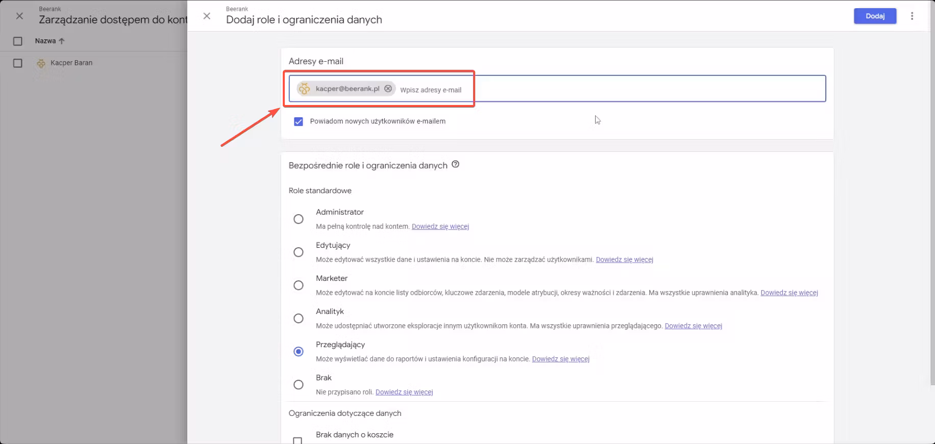 Google Analytics - podawanie adresu e-mail