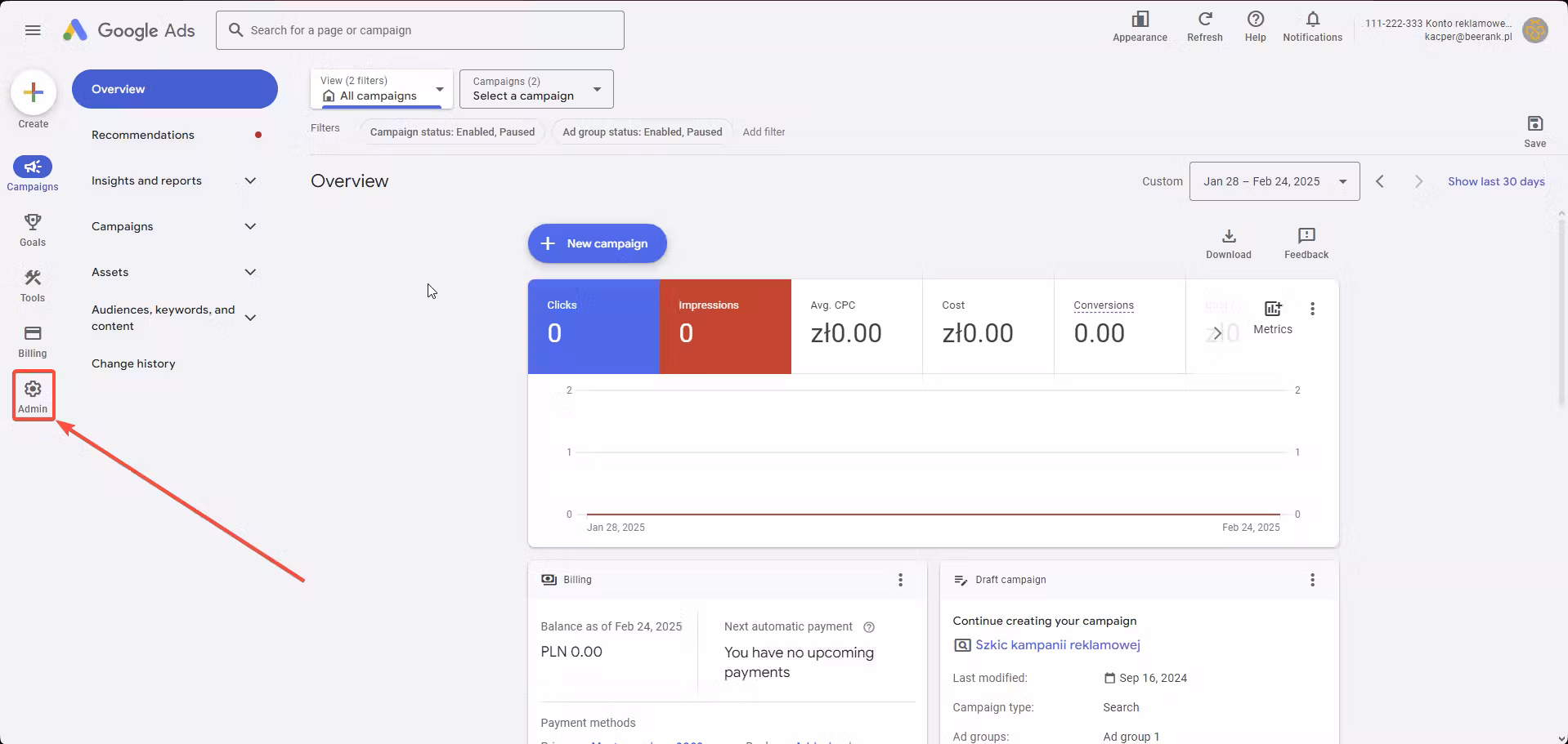 3 google ads - przejście do ustawień