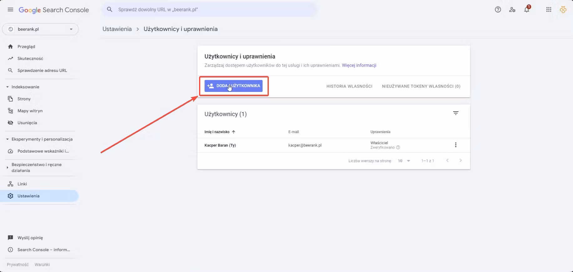 4 google search console - dodaj użytkownika