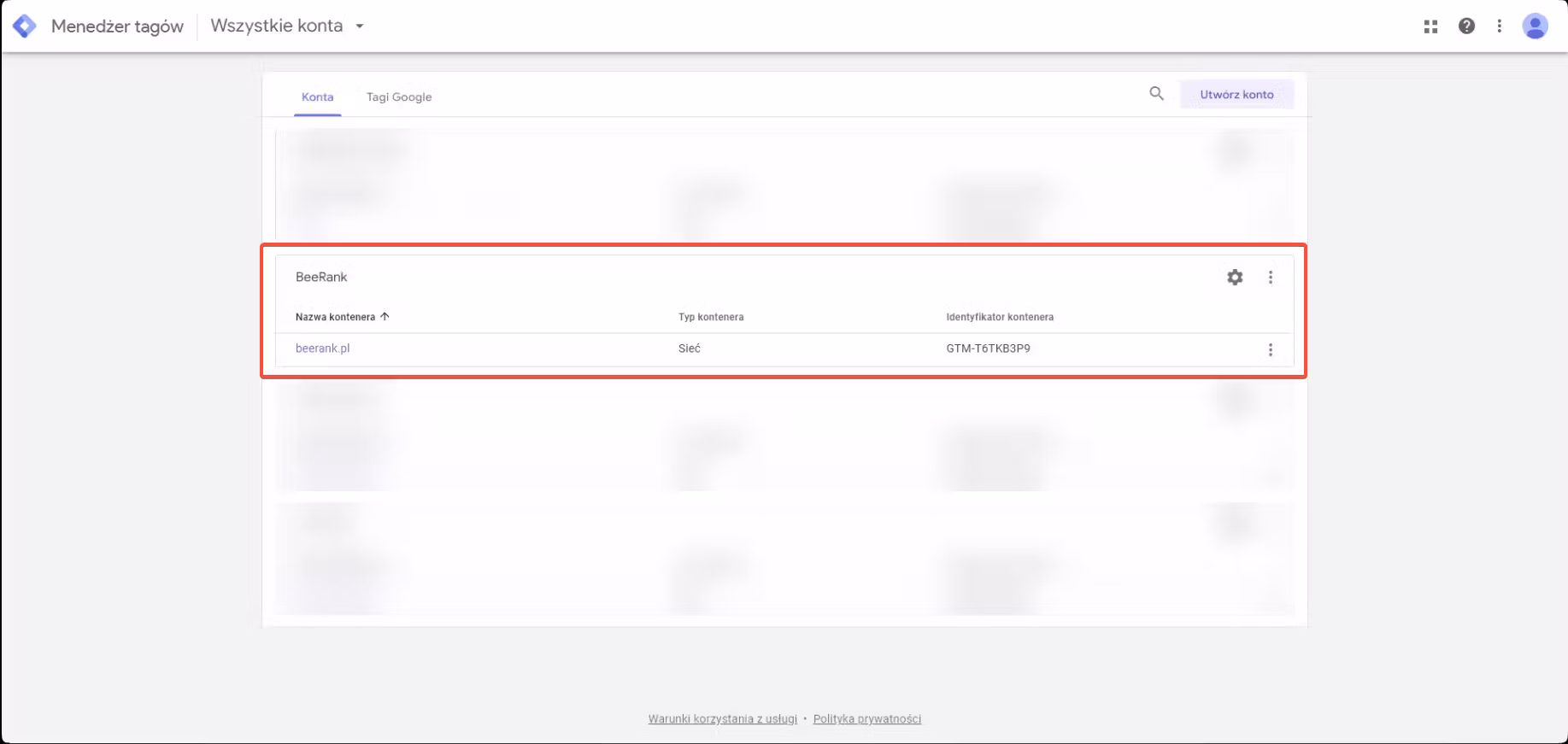 1 google tag manager - wybór kontenera