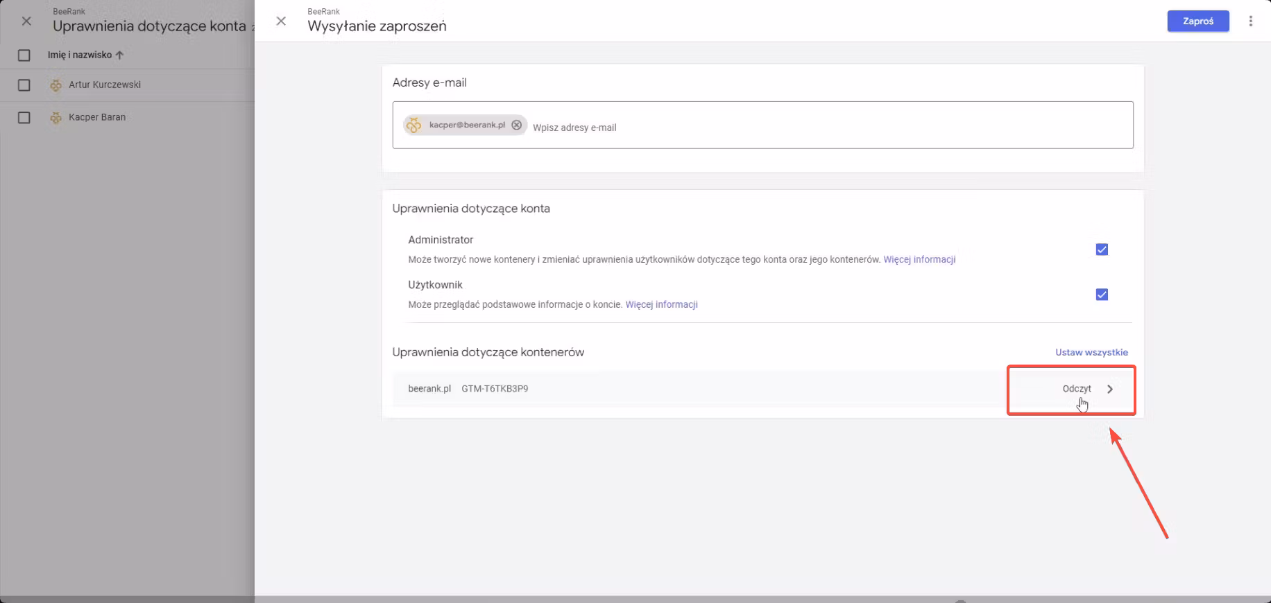 8 google tag manager - wybór dostępów