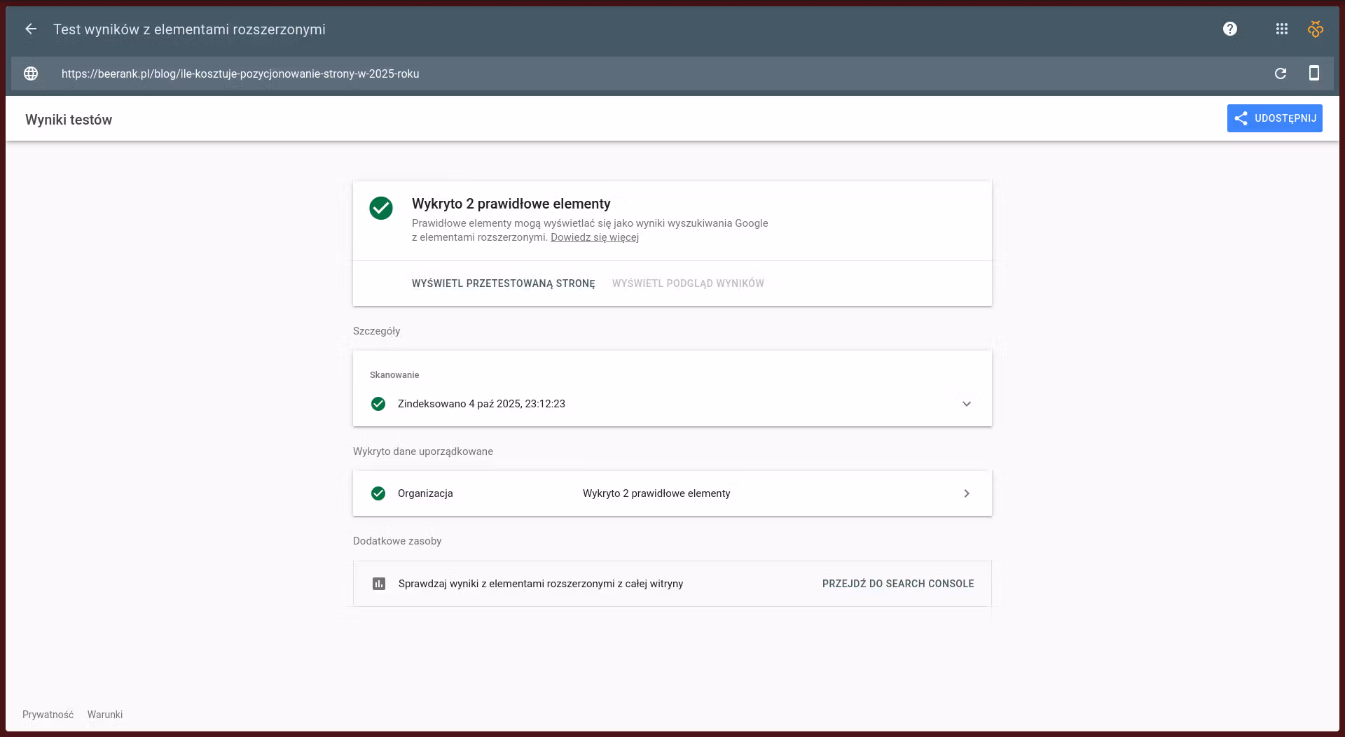Wyniki testu schema.org z google