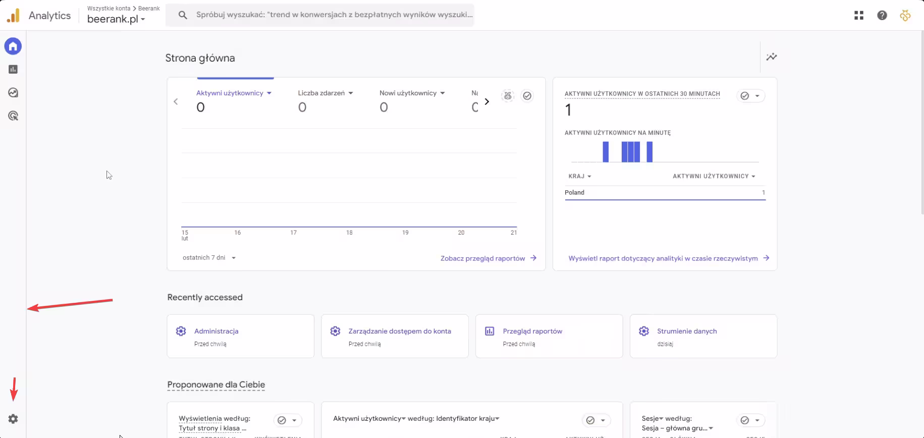 Google Analytics - przejście do ustawień 1