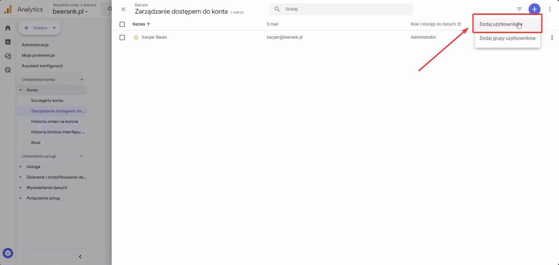 Google Analytics - dodawanie użytkownika 2