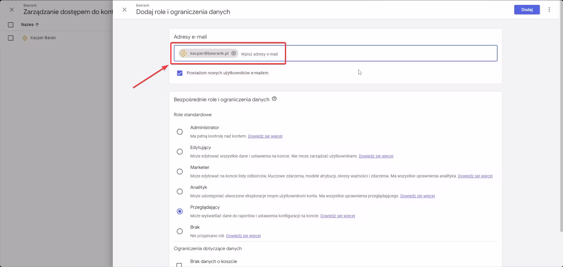 Google Analytics - podawanie adresu e-mail