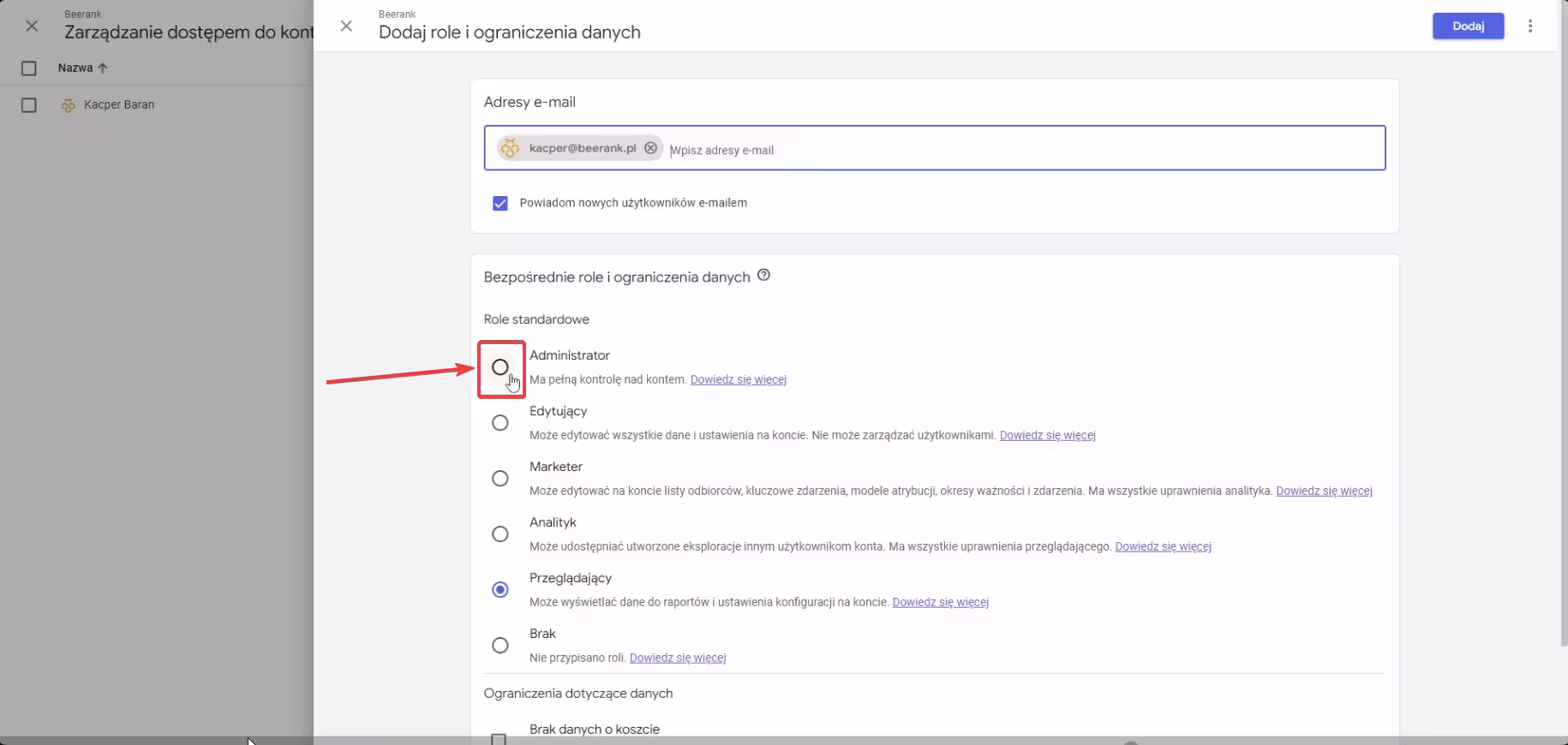 Google Analytics - wybór roli dla nowego użytkownika