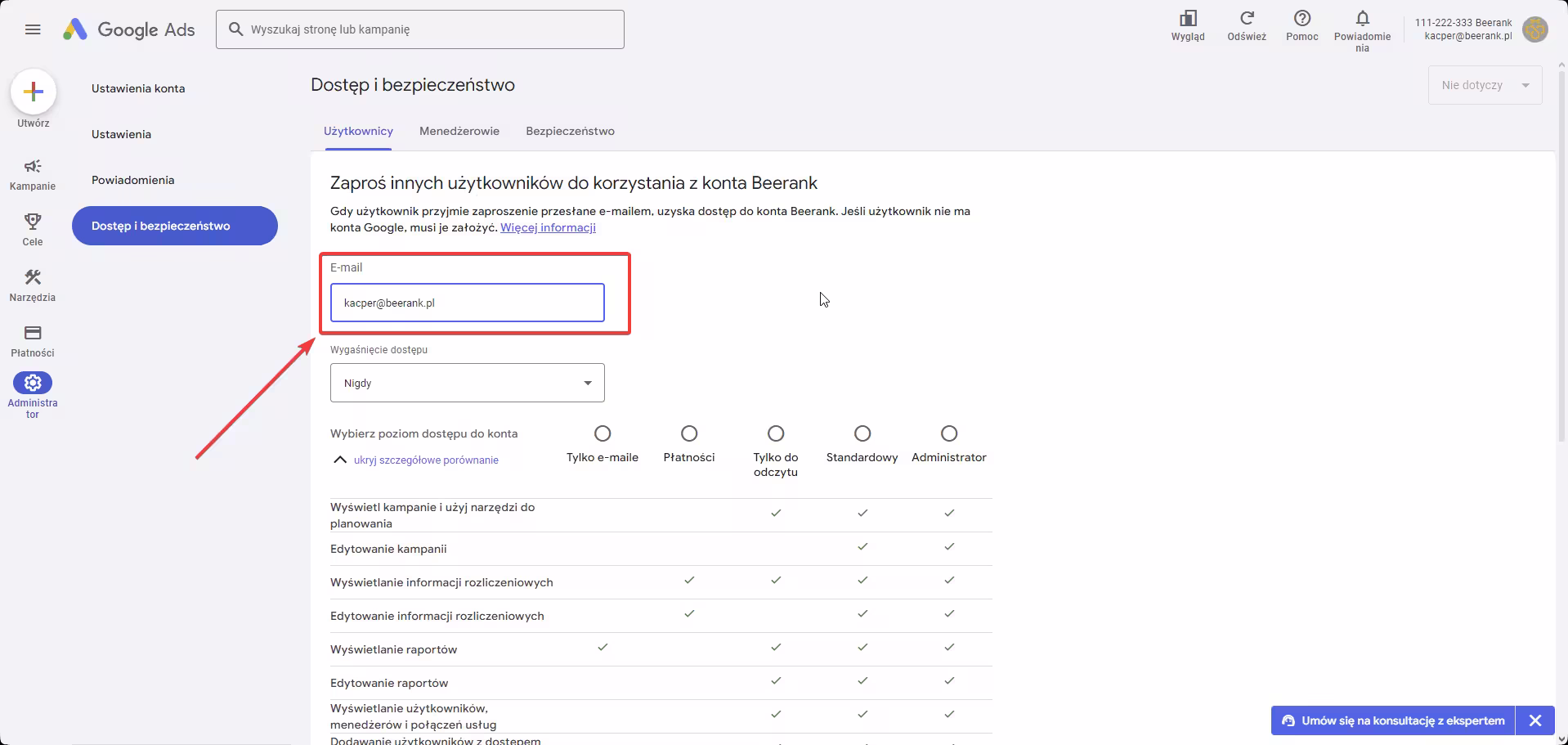 6 google ads - podawanie adresu email