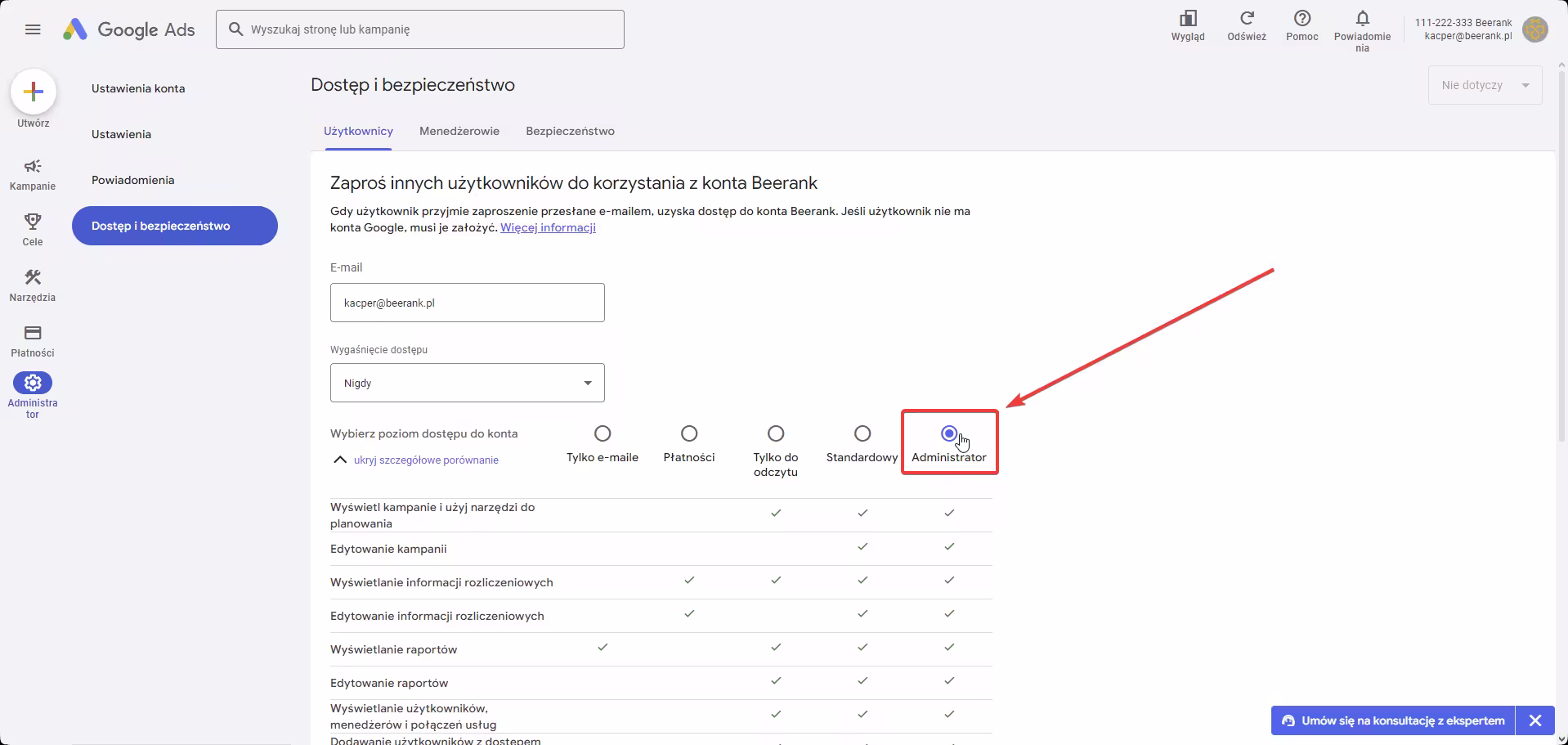 7 google ads - wybór zakresu uprawnień