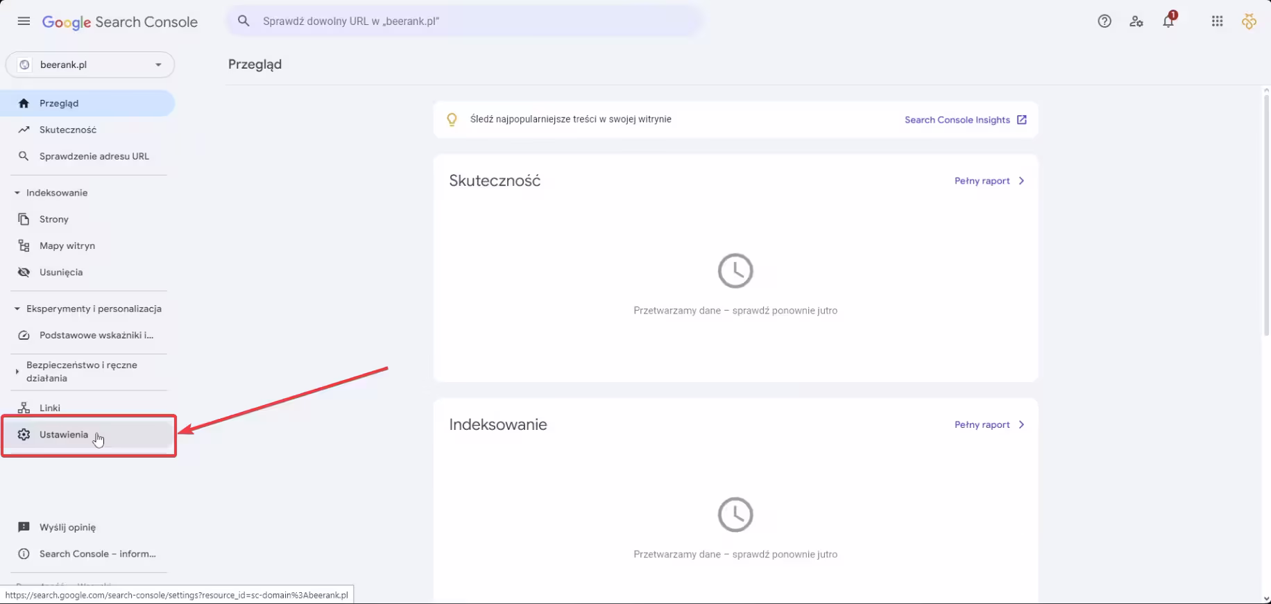 2 google search console - przejście do ustawień