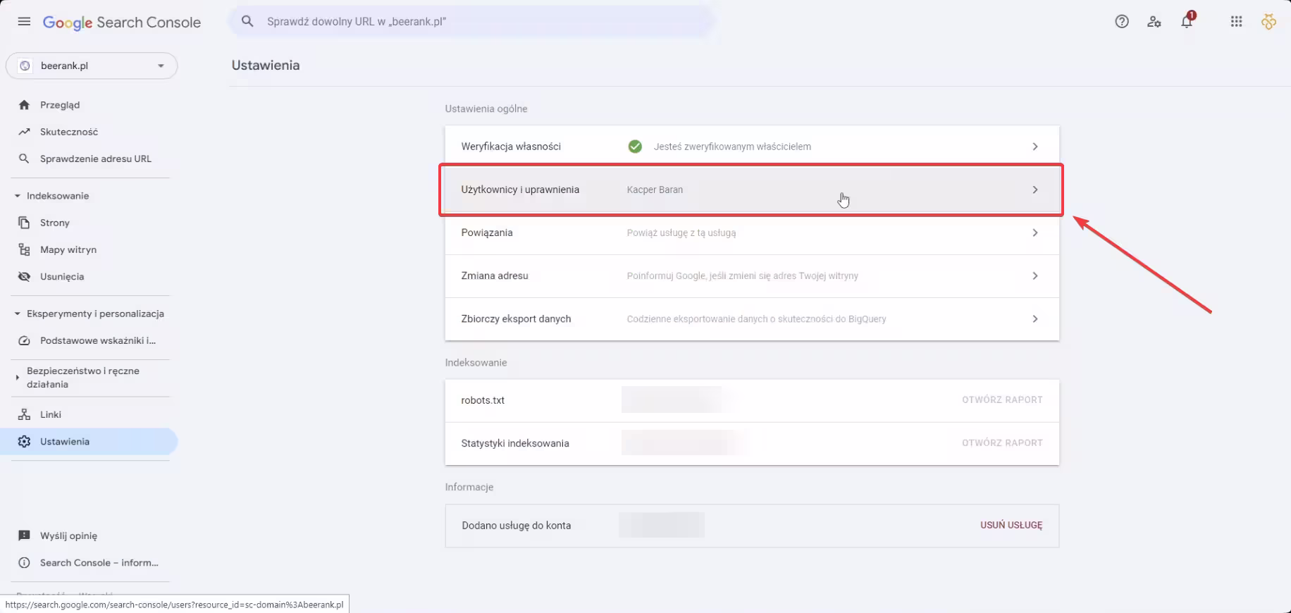3 google search console - użytkownicy i uprawnienia