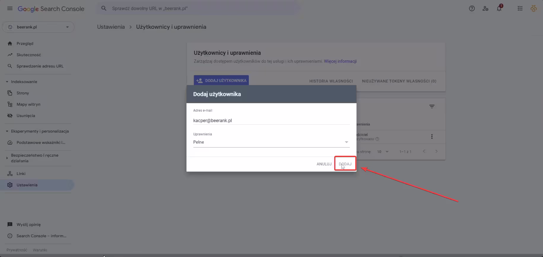 7 google search console - dodaj użytkownika 2
