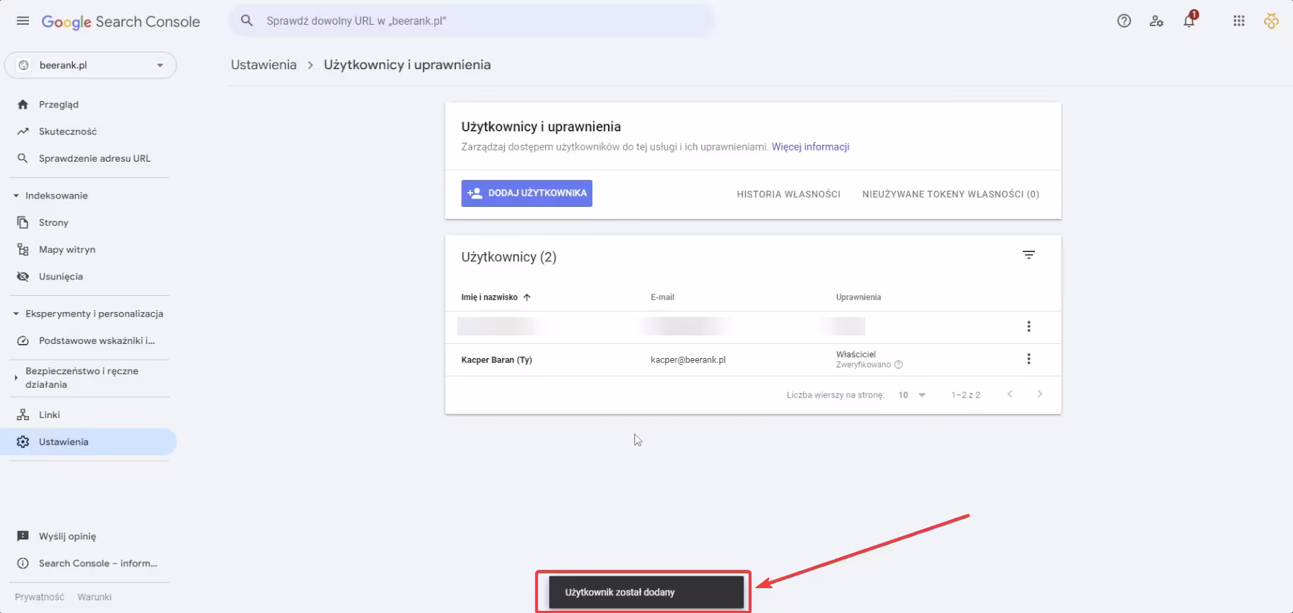 9 google search console - użytkownik dodany