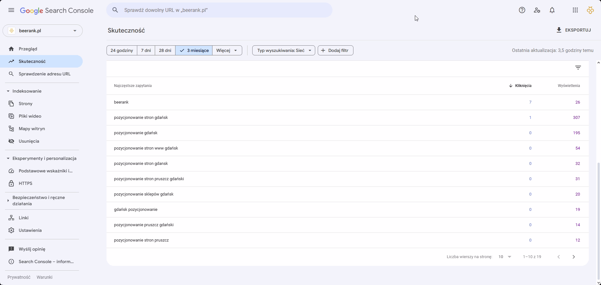 google search console - tabela słów kluczowych