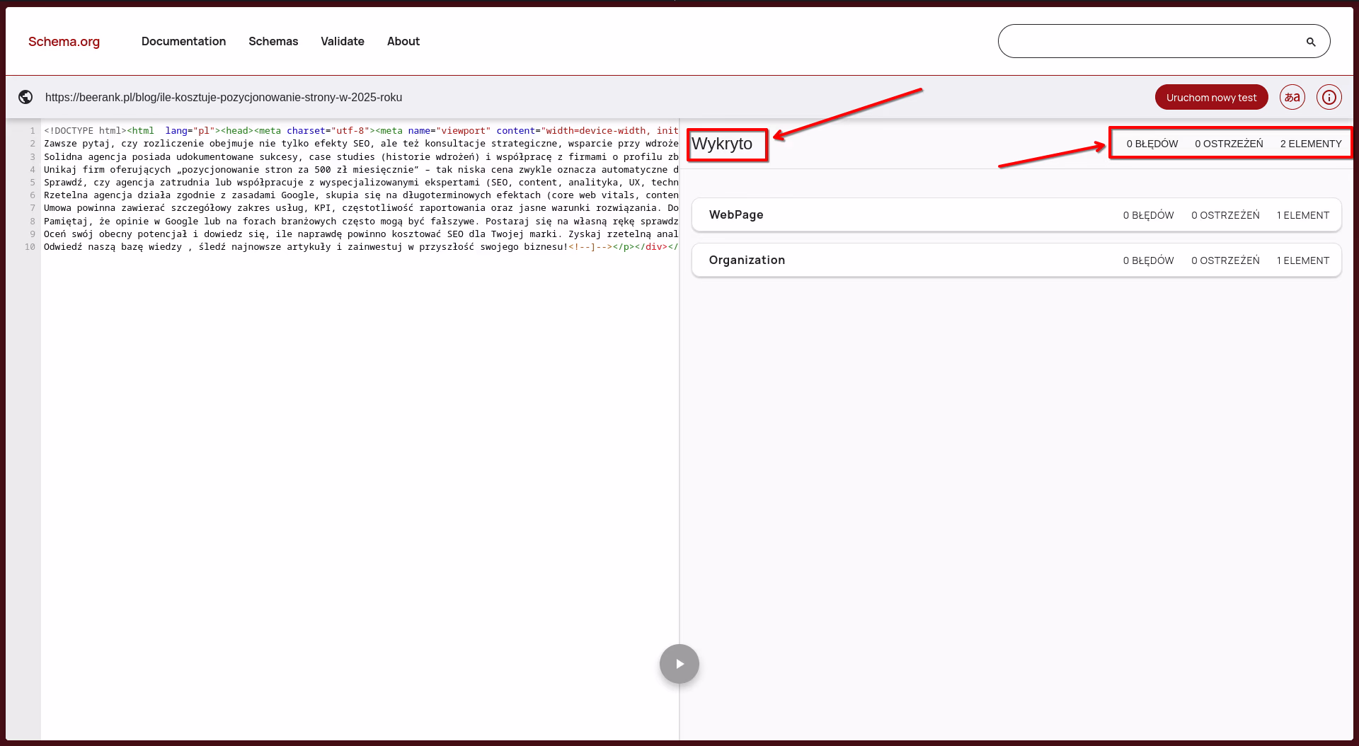 Schema.org tester danych uporządkowanych wyniki